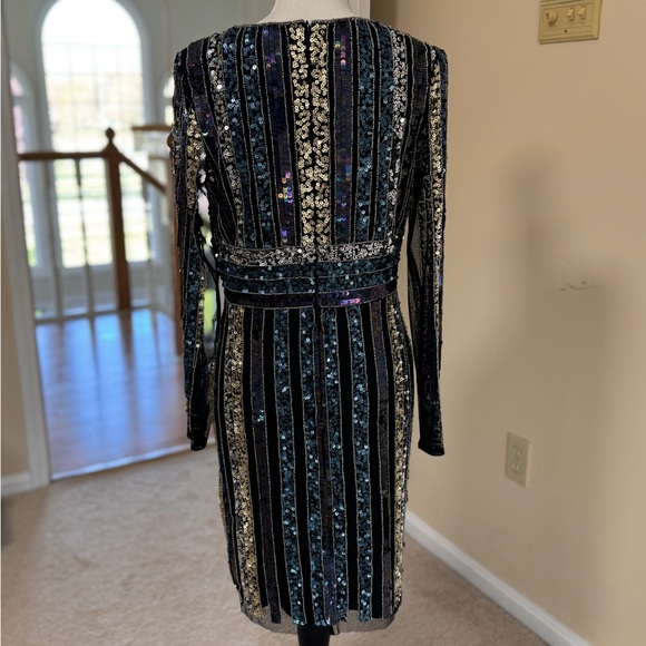 Adrianna Papell Black and Silver Sequin Long Sleeve Sheath Dress - Picture 2 of 5